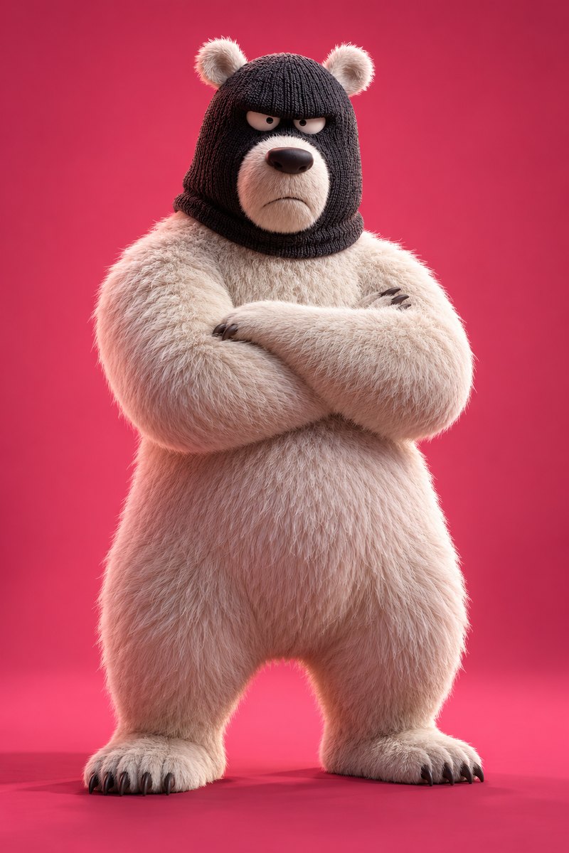 A 3D polar bear character wearing a black knitted balaclava, arms folded, against a hot pink backdrop