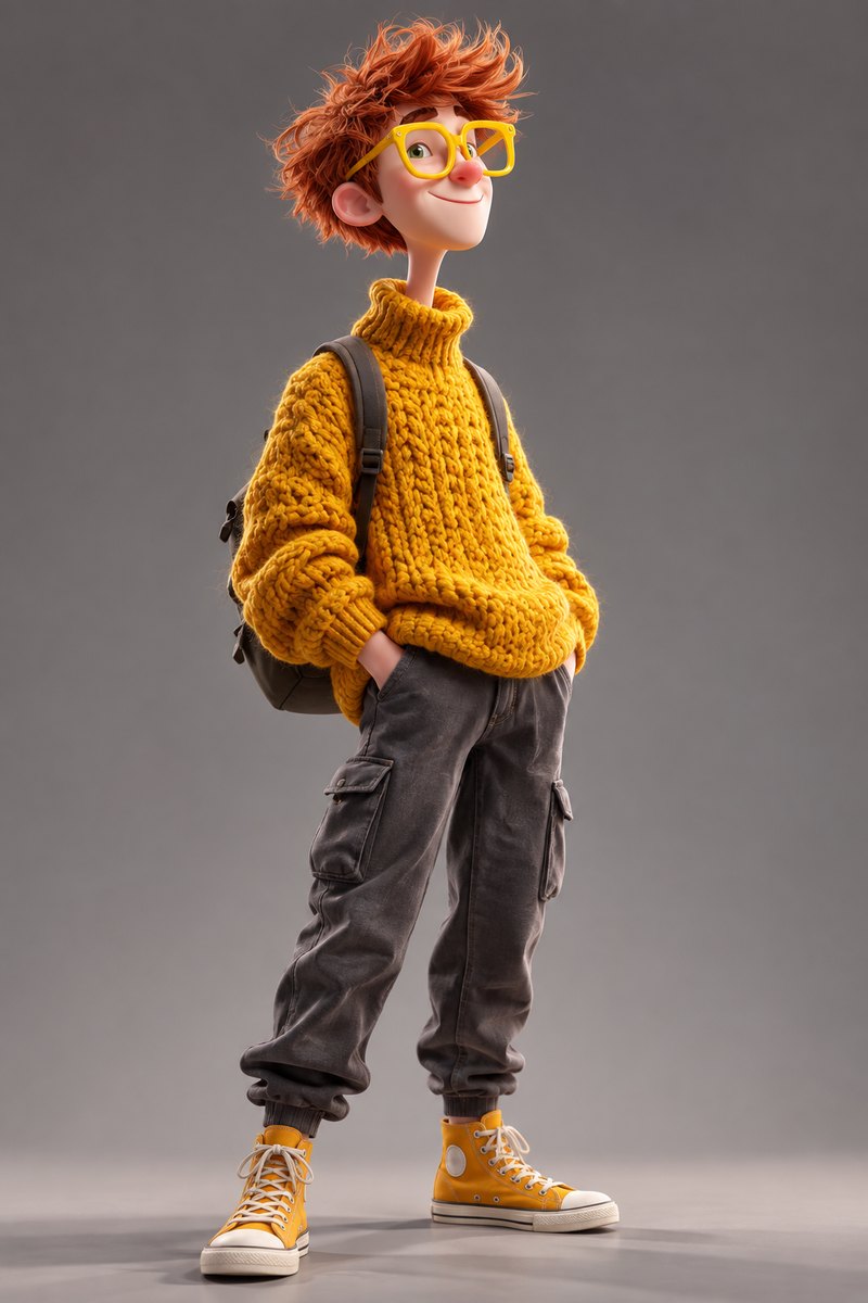A 3D character of a red-haired kid in a chunky yellow knit sweater and yellow glasses