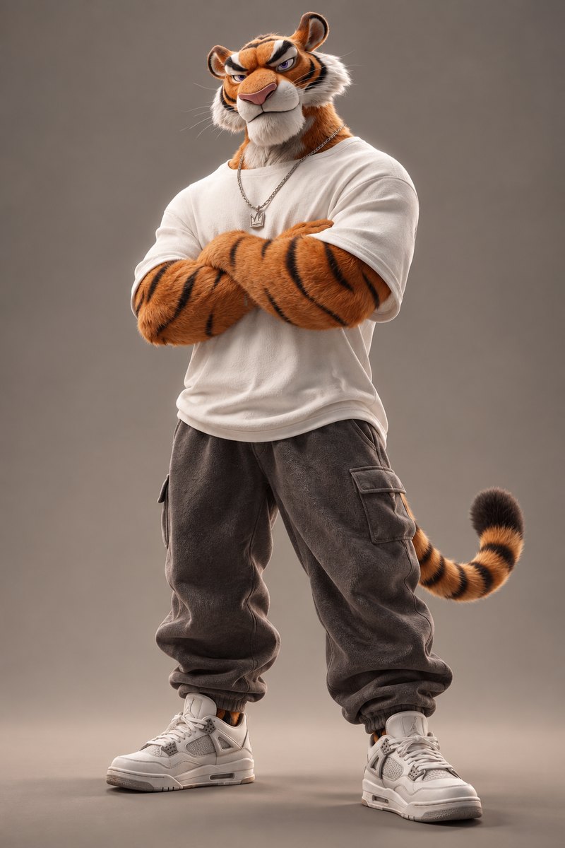 A 3D anthropomorphic tiger mascot in an oversized white tee and baggy grey trousers