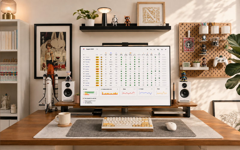 Personal Habit Tracker open on a monitor at a cozy home desk setup