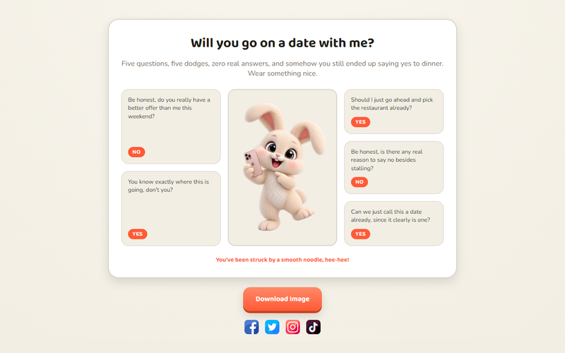 The shareable proof card showing five questions, the forced answers, and the character