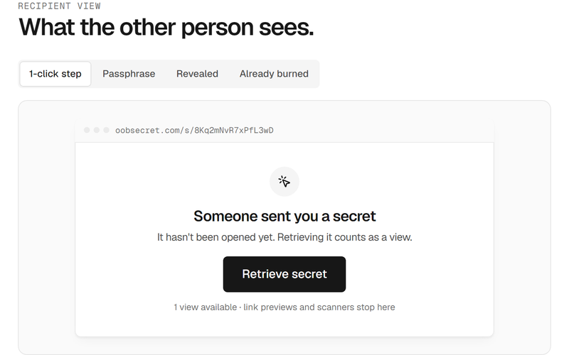 A preview of the recipient view, showing the reveal step before the secret loads