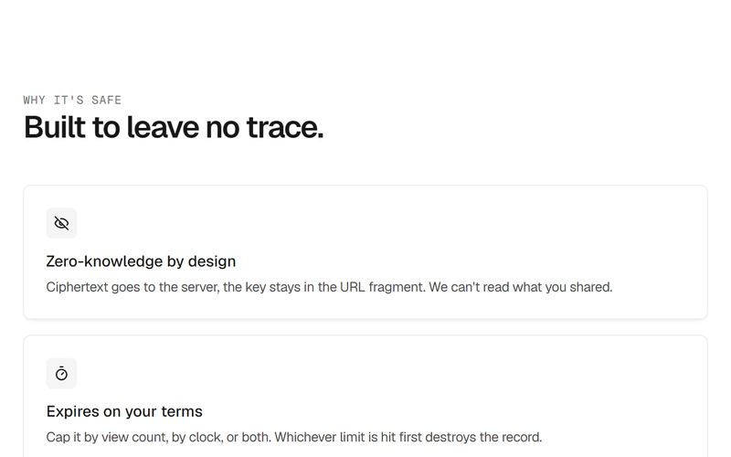 The security summary: zero-knowledge by design, expires on your terms, no account and no log