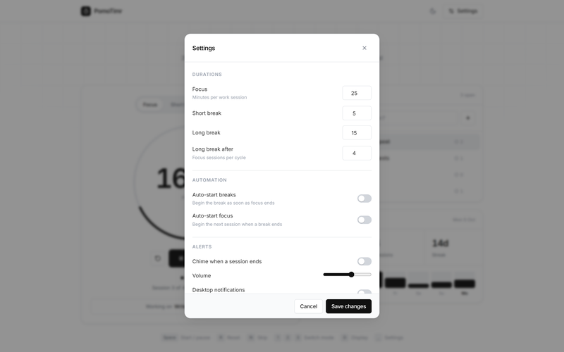 The PomoTimr settings panel with durations, auto-start options, chime volume and desktop notifications
