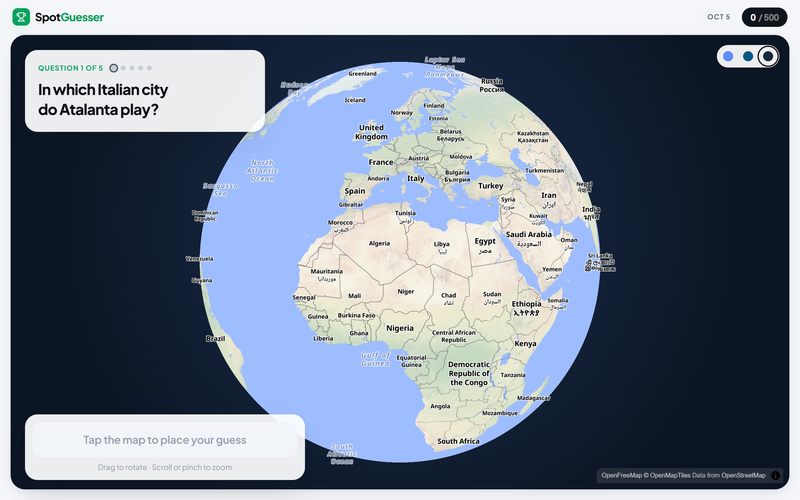 A SpotGuesser question asking which Italian city Atalanta play in, over a 3D globe waiting for a pin