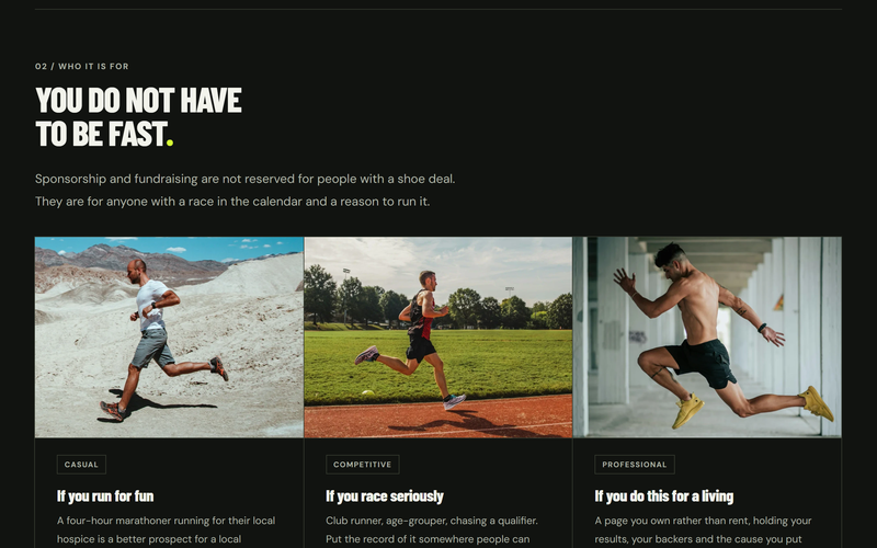 The You do not have to be fast section in dark mode, with photos of casual, competitive and professional runners