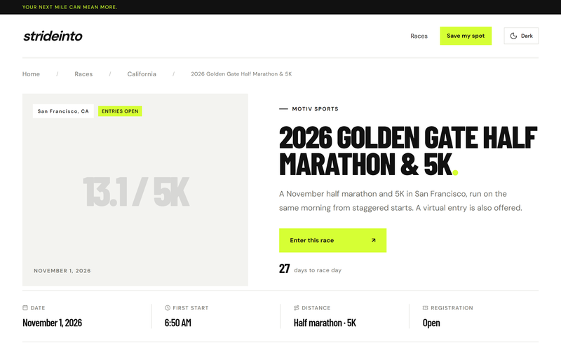 The race page for the 2026 Golden Gate Half Marathon and 5K, with entries open, a countdown to race day and the first start time