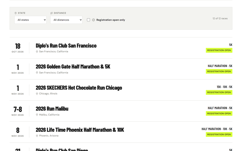 The StrideInto race list with state and distance filters above upcoming races and their registration status