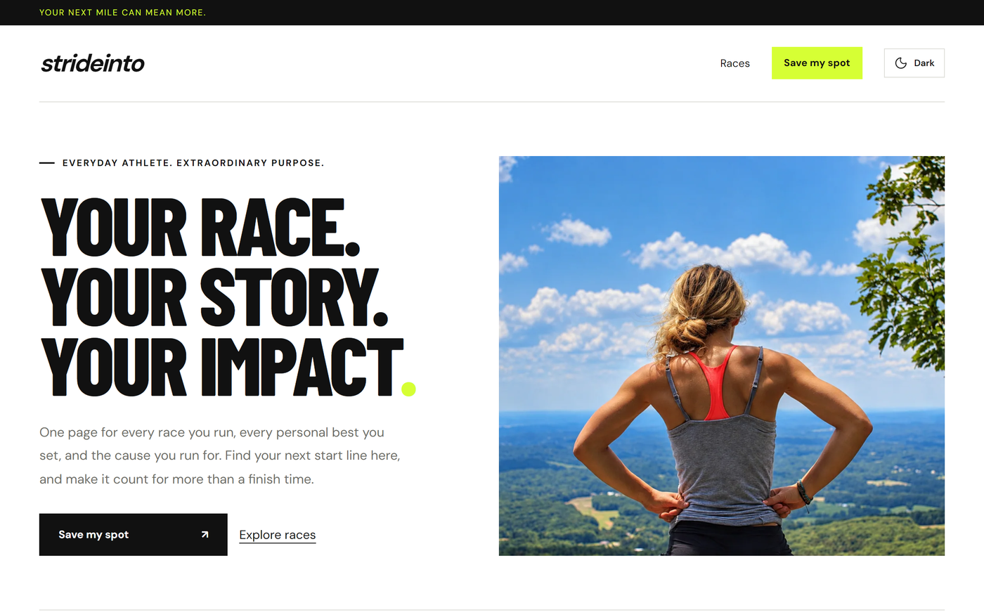 The StrideInto homepage: the headline Your race. Your story. Your impact. beside a photo of a runner looking out over a valley